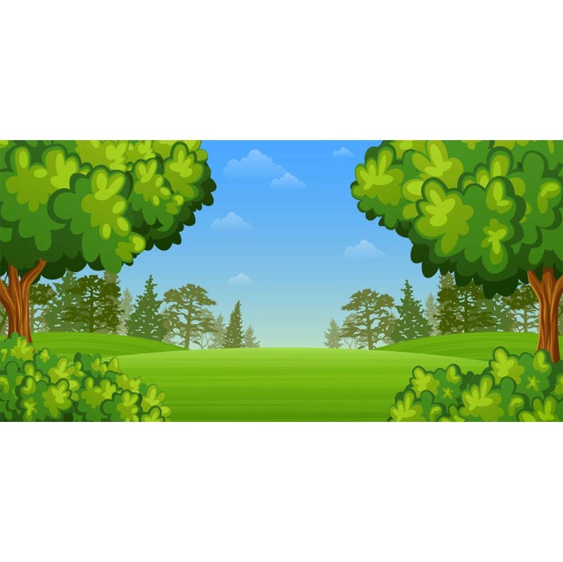 Laeacco Cartoon Forest Photography Backdrop 8x5ft Blue Sky Newborn Baby Shower Birthday Party Background Green Forest Cute Bush Field Grassland Meadow Summer Nature Scenery Kids Adults Photo Studio