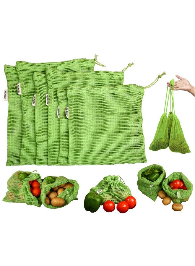 GLAVISH 100% Cotton Set Of 6, Reusable Drawstring Fridge Storage Bags For Vegetables And Fruit, Multi-Purpose Eco-Friendly Cotton Mesh Net Bag For Freezer Organiser (2X Small, 2X Medium, 2X Large) - Image 1
