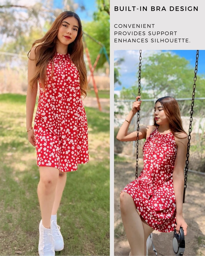 ANYFITTING Summer Halter Dresses for Women 2026 Mini Casual Flowy Floral Sundress Beach Party Vacation Built in Bra Short Sun Dress - Image 5