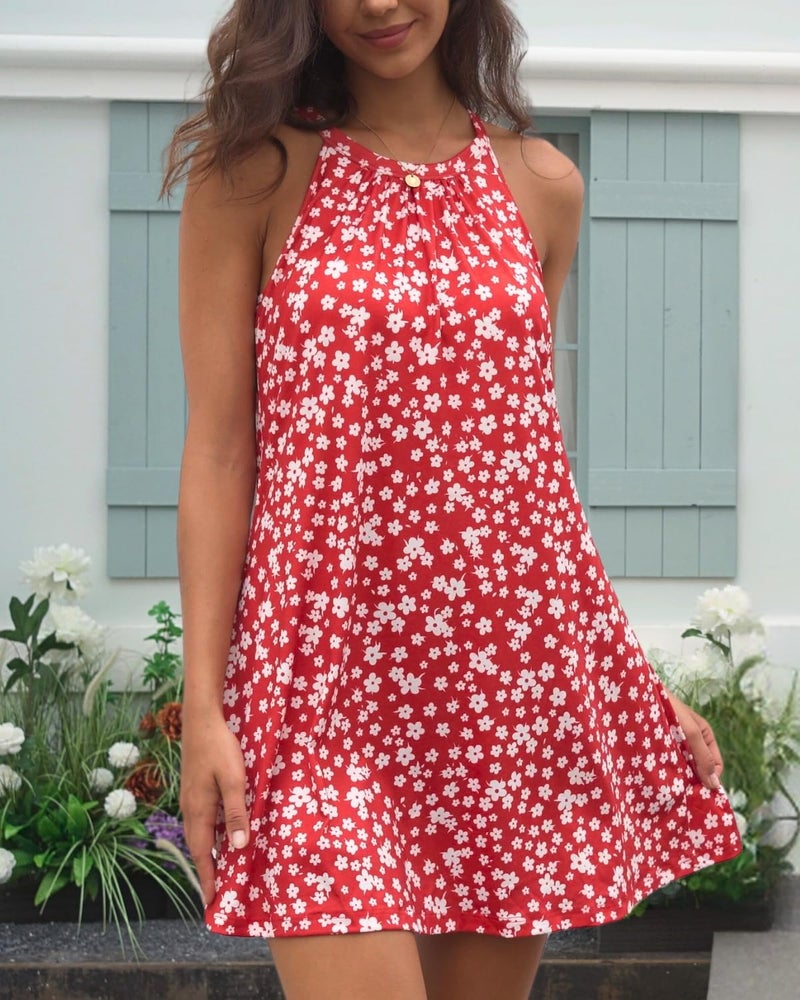 ANYFITTING Summer Halter Dresses for Women 2026 Mini Casual Flowy Floral Sundress Beach Party Vacation Built in Bra Short Sun Dress - Image 3