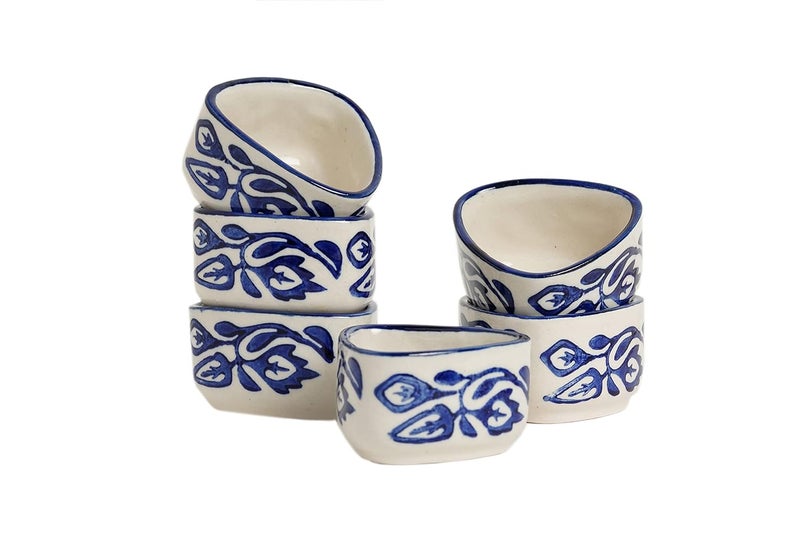 Freakway Handpainted Floral Studio Pottery Ceramic Triangle Dip Bowl Set 50 ML Small Set of 6 Blue and White - Image 2