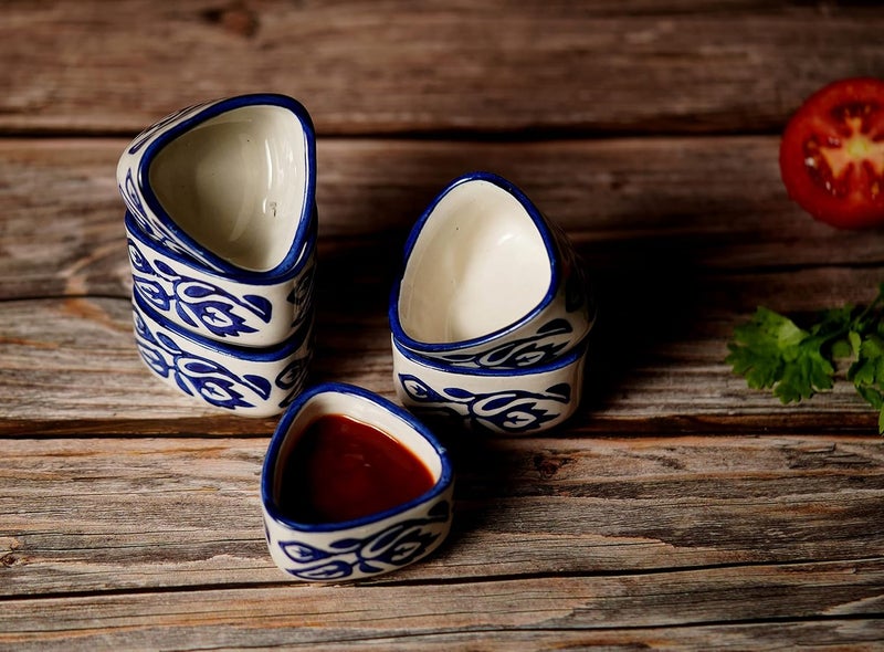 Freakway Handpainted Floral Studio Pottery Ceramic Triangle Dip Bowl Set 50 ML Small Set of 6 Blue and White - Image 1