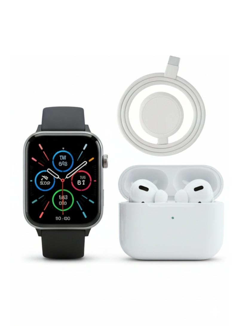 WISME WS-83 MAX Smart Watch with Bluetooth Earbuds & Wireless Charger, 7 Interchangeable Bands For Men & Women, Compatible with Android & iOS – Black - Image 1