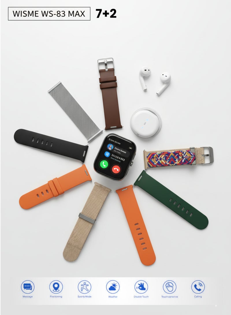 WISME WS-83 MAX Smart Watch with Bluetooth Earbuds & Wireless Charger, 7 Interchangeable Bands For Men & Women, Compatible with Android & iOS – Black - Image 2