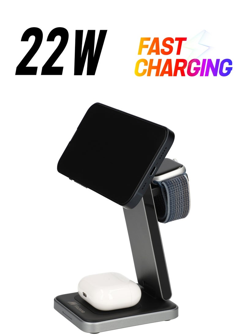 Mezone 3-in-1 MagSafe Fast Wireless Charger 22.5W For iPhone 15/14/13/12 Series, Apple Watch, Black  - Image 1
