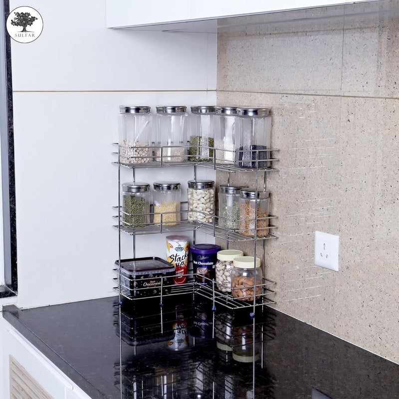 sulfar 3 Layer L Corner Shape Stand Set Of 3 Layer Stainless Steel Multipurpose Wall Mount Storage Rack, Shelf For Kitchen And Bathroom (3 Layer, Corner Shelf) - Image 2