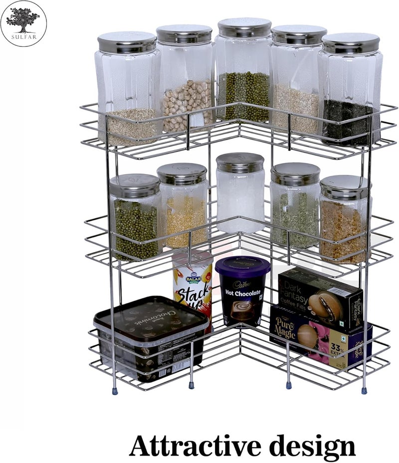 sulfar 3 Layer L Corner Shape Stand Set Of 3 Layer Stainless Steel Multipurpose Wall Mount Storage Rack, Shelf For Kitchen And Bathroom (3 Layer, Corner Shelf) - Image 4