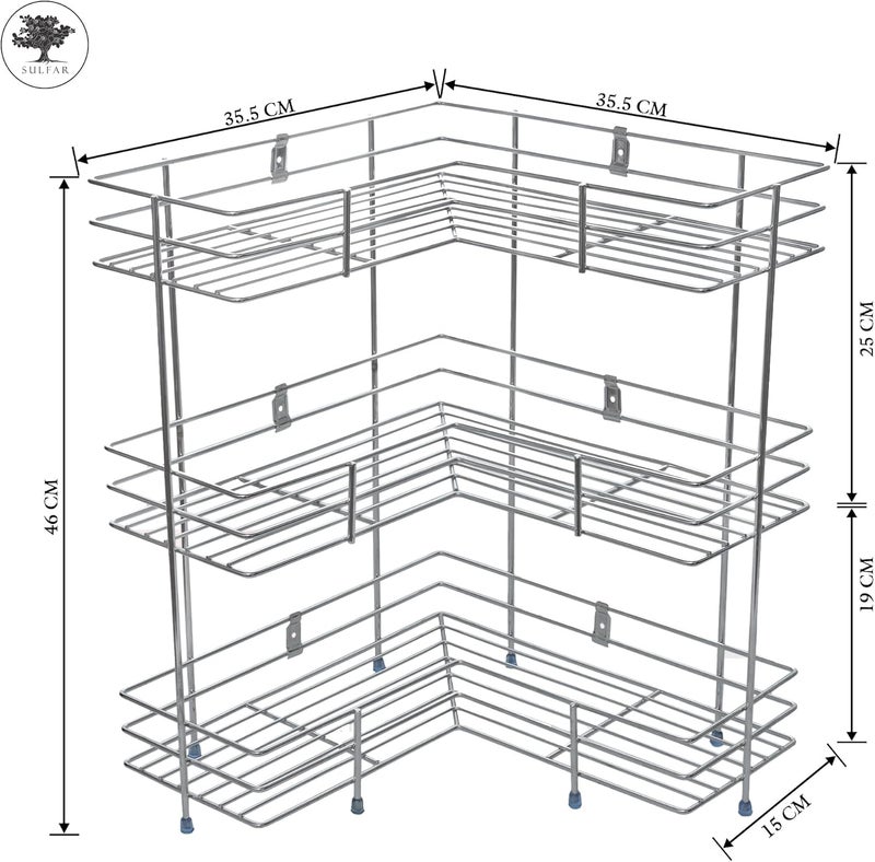 sulfar 3 Layer L Corner Shape Stand Set Of 3 Layer Stainless Steel Multipurpose Wall Mount Storage Rack, Shelf For Kitchen And Bathroom (3 Layer, Corner Shelf) - Image 3