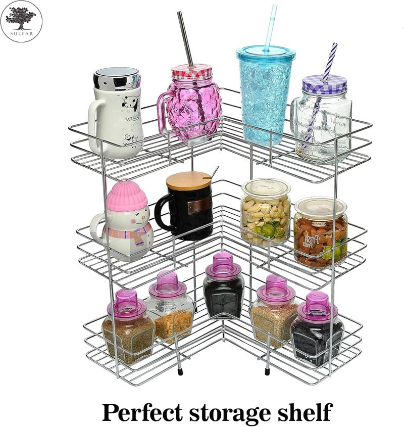 sulfar 3 Layer L Corner Shape Stand Set Of 3 Layer Stainless Steel Multipurpose Wall Mount Storage Rack, Shelf For Kitchen And Bathroom (3 Layer, Corner Shelf) - Image 5