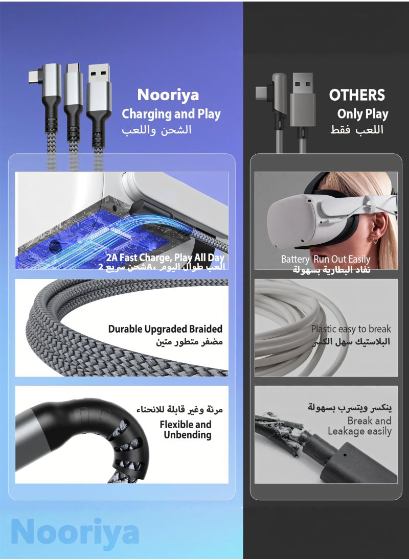 نُورِيَّة - كابل توصيل لـ Meta/Oculus Quest 3s/3/2، كابل شحن بطول 16 قدمًا، يربط Quest 3s والكمبيوتر الشخصي، 3 في 1 USB C للشحن أثناء اللعب طوال اليوم، مما يوفر طاقة كافية لسماعات الواقع الافتراضي (16 مترًا) - Image 1