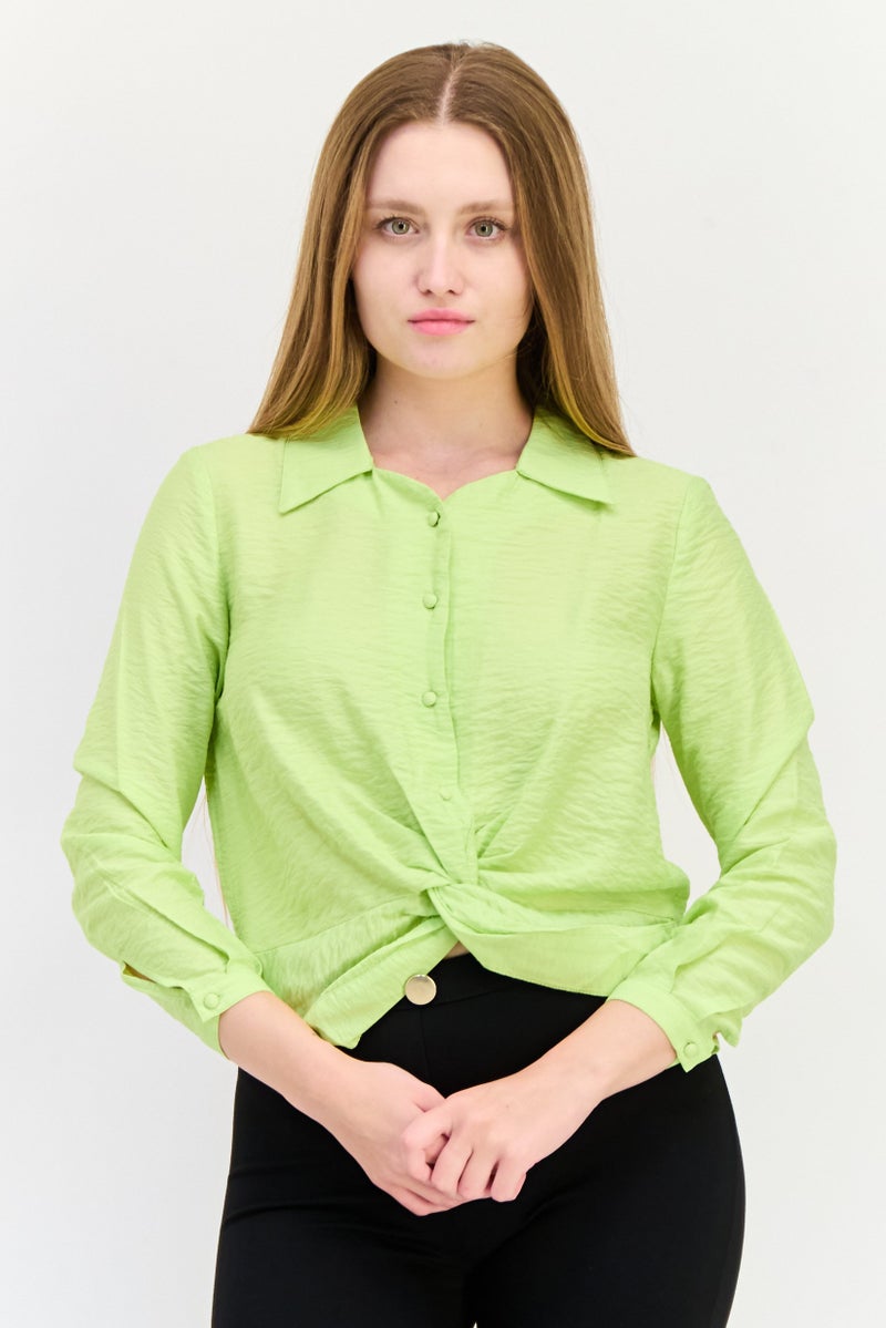 ONLY Women Spread Collar Long Sleeves Solid Blouse, Lime Green  - Image 1