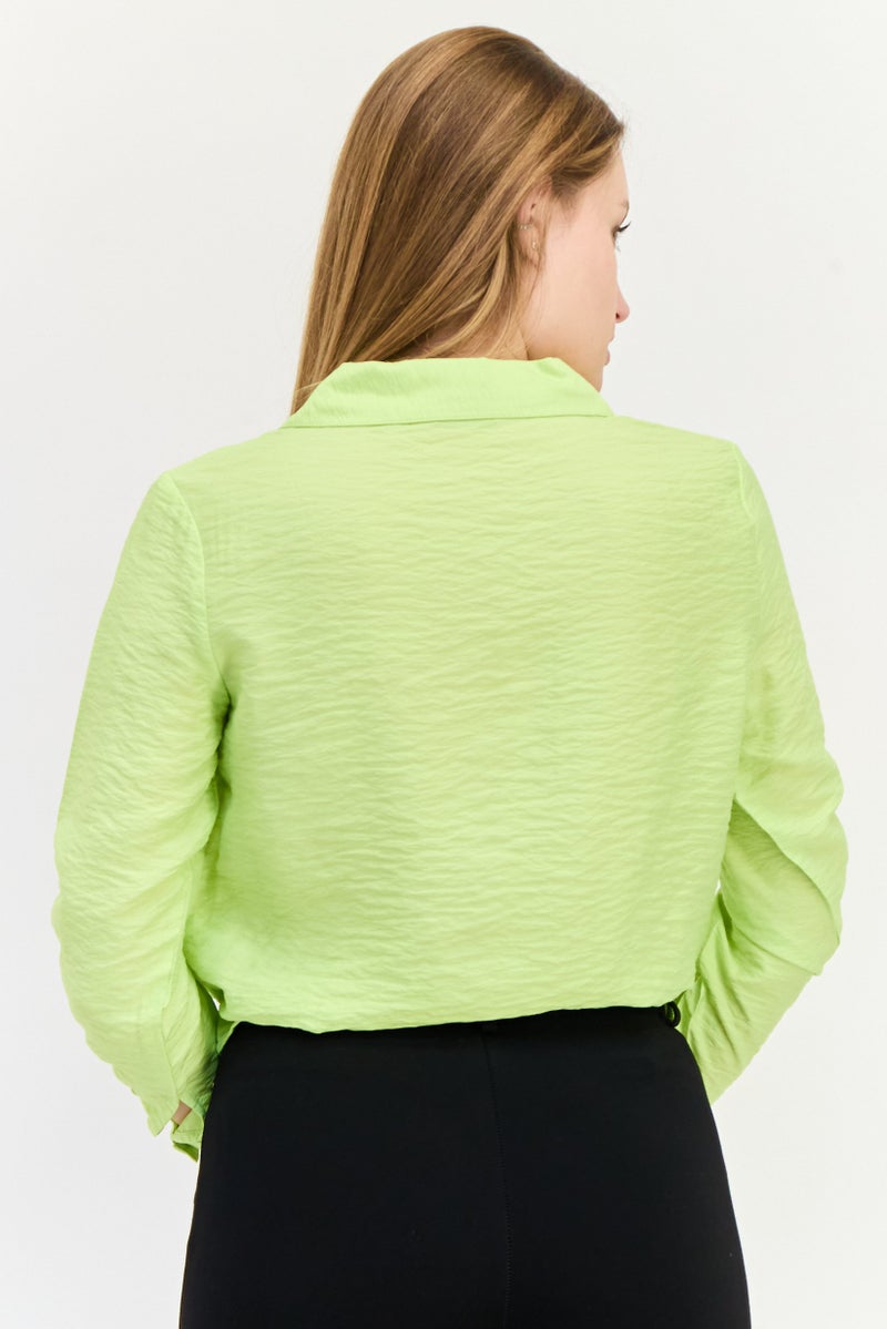 ONLY Women Spread Collar Long Sleeves Solid Blouse, Lime Green  - Image 3