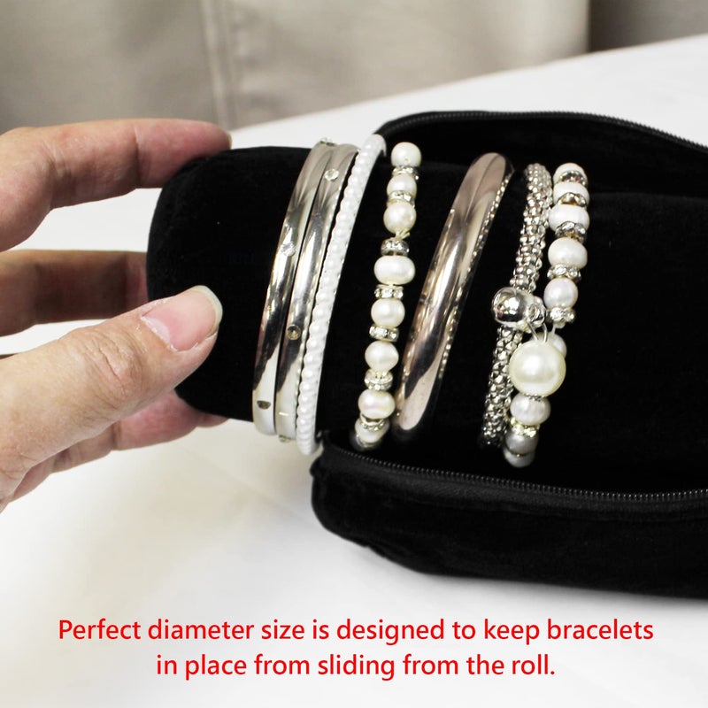 MOOCA Black Velvet Bracelet Bangle Watch Roll, Travel Pouch Jewelry Travel Organizer, Portable Zipper Pouch with A Removable Roll Insert for Standard Size Bracelets & Bangles - Image 5
