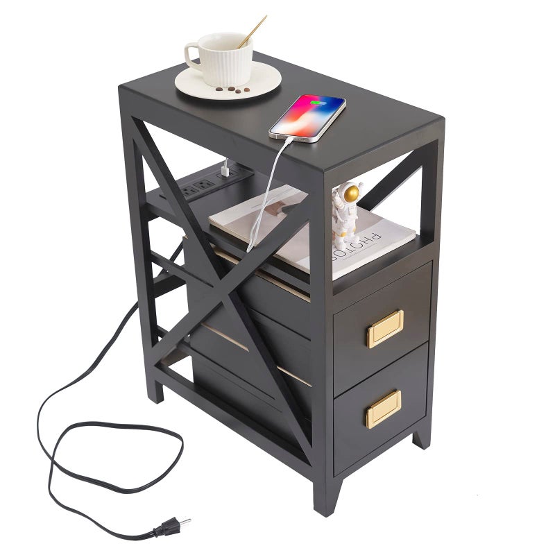 BECTSBEFF Fully Assembled Narrow Side Table with Charging Station No Assembly Narrow Nightstand with USB Ports Pre Assembled Skinny End Table with Outlets for Living Room BedroomBlack