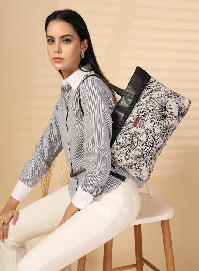 ENSAC Women’s Stylish Printed Cotton Handbag with Black Handles | Spacious Zipper Tote Bag for Office, College, Travel & Casual Daily Use - Image 4