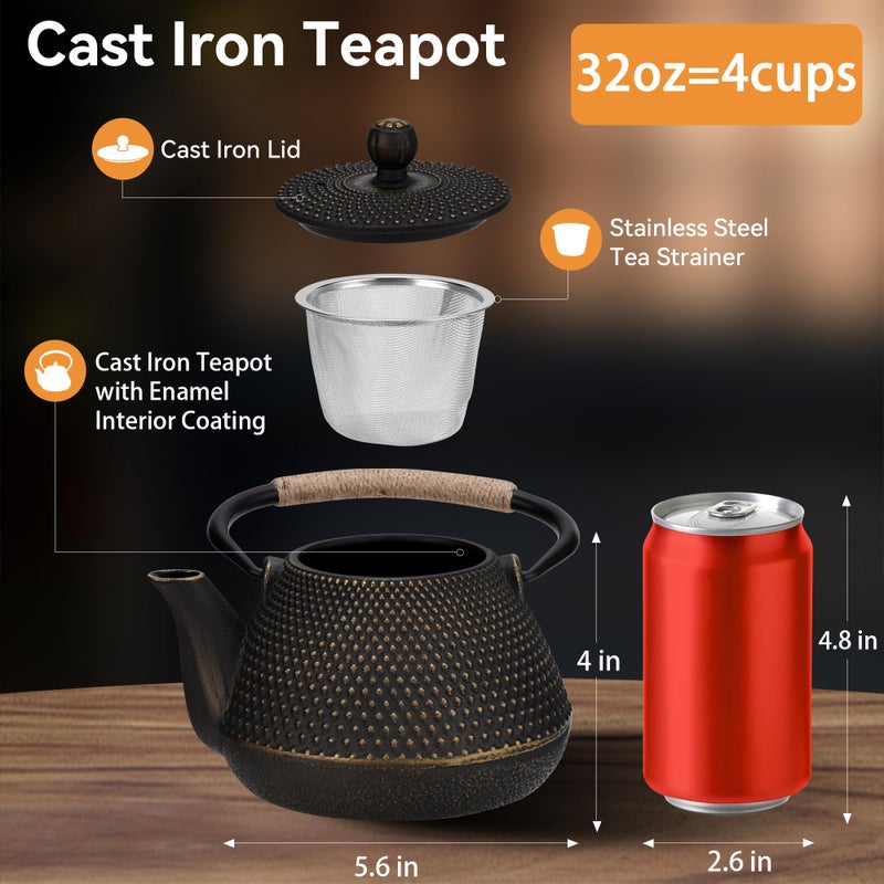DRNKNSTX Cast Iron Teapot, 32 oz (950 ml) Japanese Tetsubin Tea Pot with Infuser for Stovetop Safe, Tea Kettle with Enameled Interior for Loose Leaf Tea and Tea Bags - Image 3