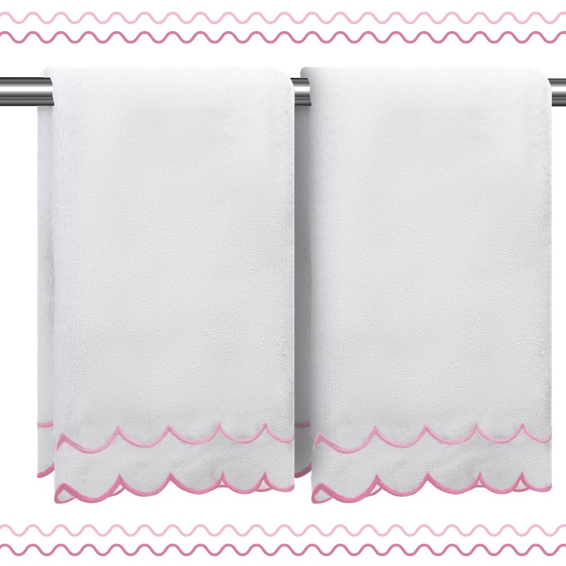 RRBXIA 100% Cotton Hand Towels for Bathroom 2 Pcs Scalloped Hand Towels 16 * 27 Inch Embroidered Decorative 500 GSM Soft Absorbent Bath Towel for Spa Yoga Hotel Sport (Pink) - Image 1