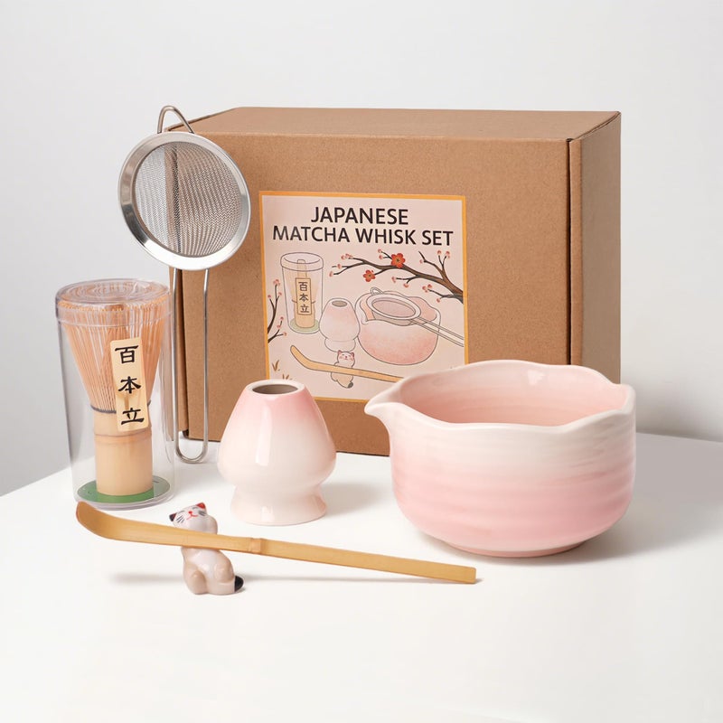 ECOLEMON Pink Matcha Kit, 6-Pcs Matcha Whisk Set, Valentines Day Gifts for Her, Matcha Bowl with Spout(18 OZ) & Macha Whisk and Holder, Matcha Bowl and Whisk set, Matcha Gifts, Women Birthday Unique - Image 1