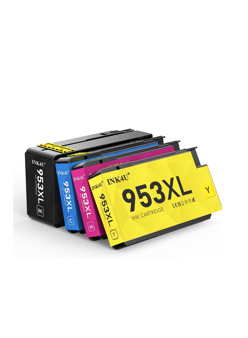 Terabyte حزمة 4 من خراطيش الحبر 953 XL مع شريحة متوافقة مع طابعات HP OfficeJet Pro 7720، 7730، 7740، 8210، 8720، 8730 (أسود، سيان، أصفر، ماجنتا) - Image 1