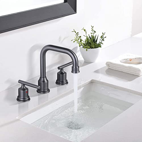WOWOW Widespread Bathroom Faucet Brass Bathroom Sink Faucet Dark Grey Vanity Tap 3 Hole with Drain and Supply Lines, 2 Handle Basin Mixer Taps 3 Pieces - Image 2