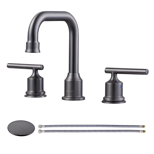 WOWOW Widespread Bathroom Faucet Brass Bathroom Sink Faucet Dark Grey Vanity Tap 3 Hole with Drain and Supply Lines, 2 Handle Basin Mixer Taps 3 Pieces - Image 1