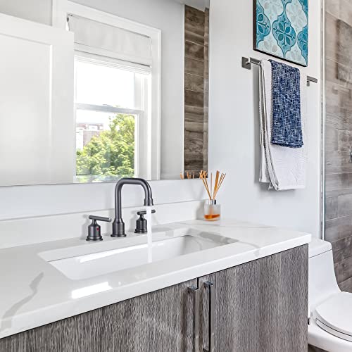 WOWOW Widespread Bathroom Faucet Brass Bathroom Sink Faucet Dark Grey Vanity Tap 3 Hole with Drain and Supply Lines, 2 Handle Basin Mixer Taps 3 Pieces - Image 3