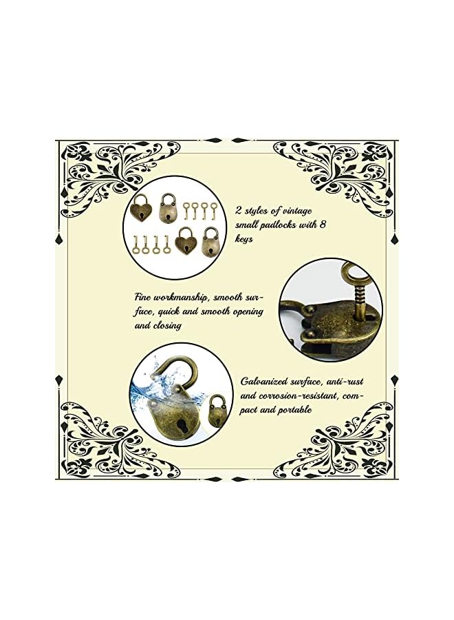 PROMASS PROMASS 4 Pcs Antique Padlocks, Vintage Style 2 Pcs Heart Shape & 2 Pcs Bear Shape Metal Padlock Mini Lock Antique Padlock Small Locks with 8 Pcs Key for Treasure Chest Jewelry Box Notebook Wood Box  - Image 3