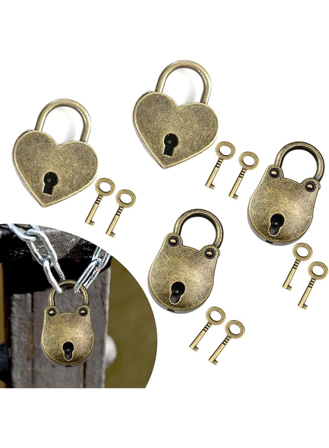 PROMASS PROMASS 4 Pcs Antique Padlocks, Vintage Style 2 Pcs Heart Shape & 2 Pcs Bear Shape Metal Padlock Mini Lock Antique Padlock Small Locks with 8 Pcs Key for Treasure Chest Jewelry Box Notebook Wood Box  - Image 1