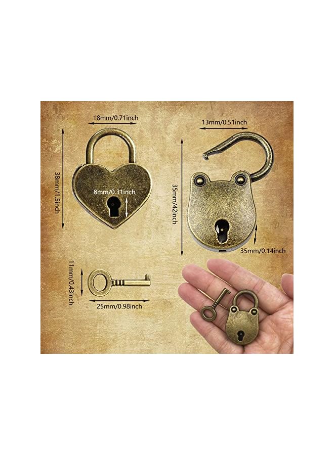 PROMASS PROMASS 4 Pcs Antique Padlocks, Vintage Style 2 Pcs Heart Shape & 2 Pcs Bear Shape Metal Padlock Mini Lock Antique Padlock Small Locks with 8 Pcs Key for Treasure Chest Jewelry Box Notebook Wood Box  - Image 2