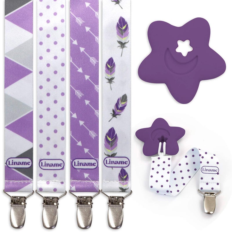 Liname Neutral Pacifier Clip with Teething Toy 4 Pack Pacifier Clips for Boys Girls Binky Holder Soothie Paci Clip Binkie Clip Unisex Pacifer Clip Baby Pacifier Clip and Pacifier Holder