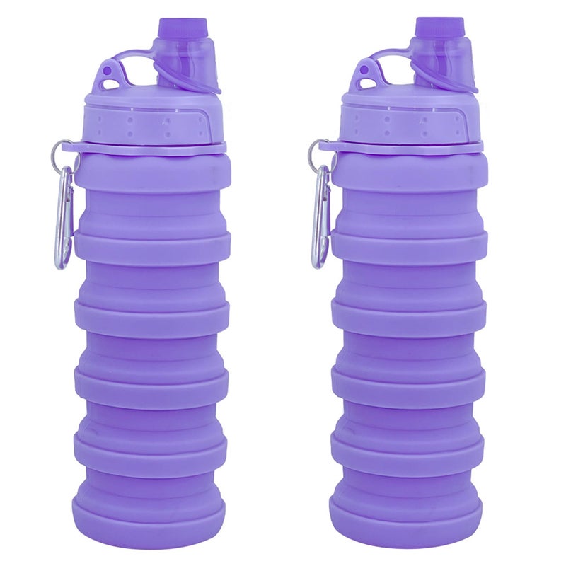 YCTMALL Collapsible Water Bottles Two Pack Travel Sports Portable Sport Water Bottle comes with mountaineering Buckle 500ml silicone Water-proof camping water bottle (Purple and Purple Color) - Image 1