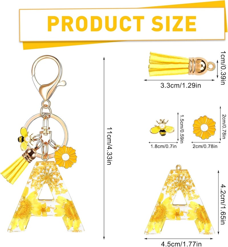 MWOOT Initial Letter A Keychain Resin Alphabet Keyrings,Yellow Petals Gold Foil Key Ring Charm with Daisy Bee Tassel Pendant,Key Chain for Womens Gift Ideas Wallet Purse Bag Handbag Decor(A) - Image 1