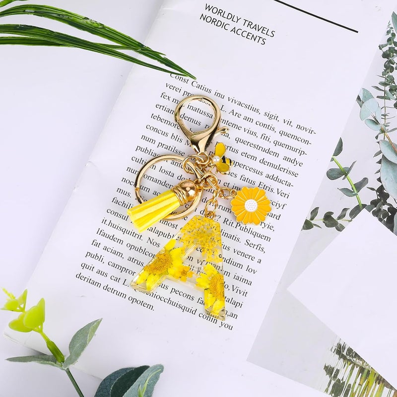 MWOOT Initial Letter A Keychain Resin Alphabet Keyrings,Yellow Petals Gold Foil Key Ring Charm with Daisy Bee Tassel Pendant,Key Chain for Womens Gift Ideas Wallet Purse Bag Handbag Decor(A) - Image 2