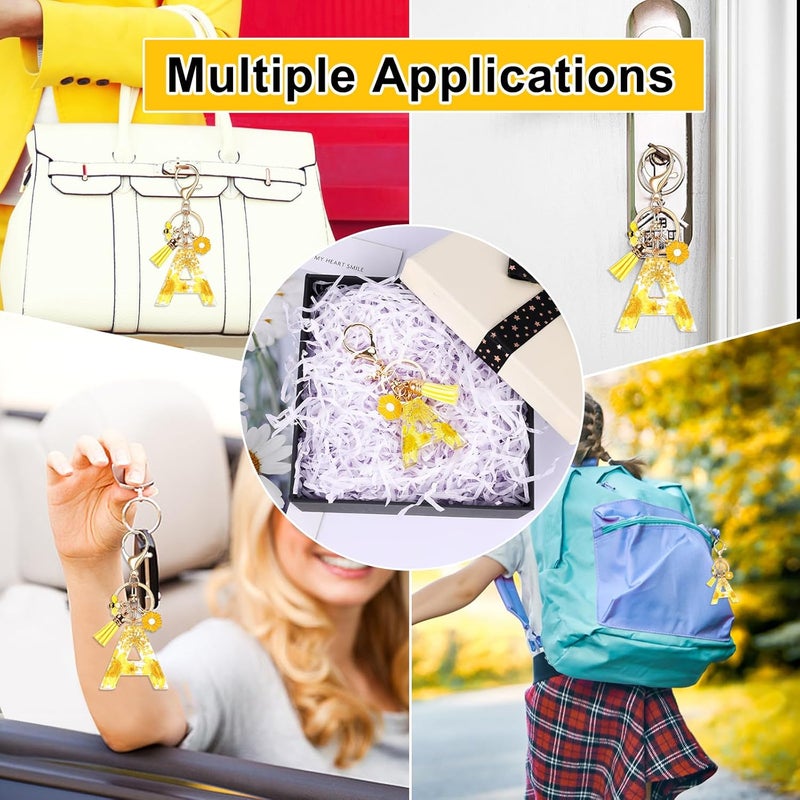 MWOOT Initial Letter A Keychain Resin Alphabet Keyrings,Yellow Petals Gold Foil Key Ring Charm with Daisy Bee Tassel Pendant,Key Chain for Womens Gift Ideas Wallet Purse Bag Handbag Decor(A) - Image 4