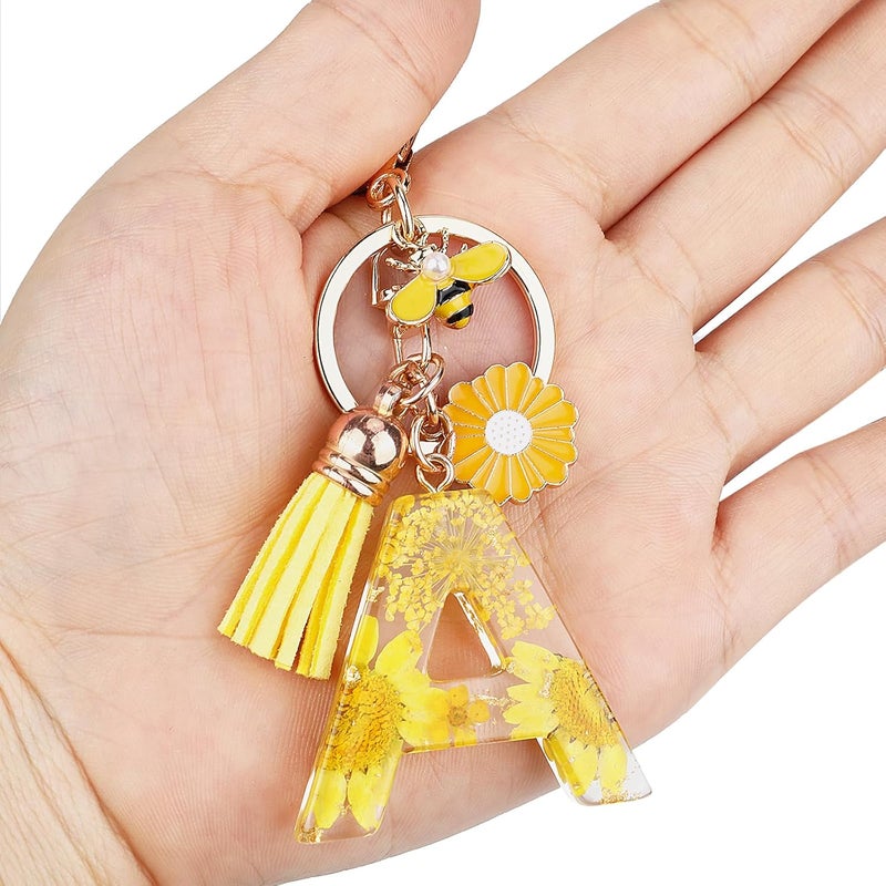 MWOOT Initial Letter A Keychain Resin Alphabet Keyrings,Yellow Petals Gold Foil Key Ring Charm with Daisy Bee Tassel Pendant,Key Chain for Womens Gift Ideas Wallet Purse Bag Handbag Decor(A) - Image 5