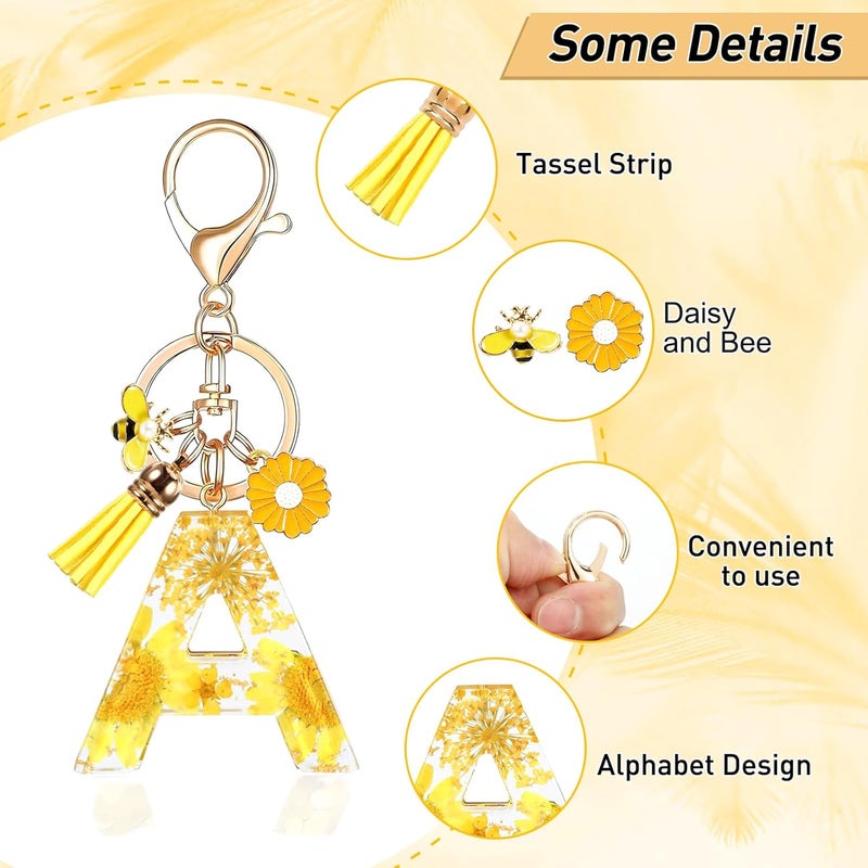 MWOOT Initial Letter A Keychain Resin Alphabet Keyrings,Yellow Petals Gold Foil Key Ring Charm with Daisy Bee Tassel Pendant,Key Chain for Womens Gift Ideas Wallet Purse Bag Handbag Decor(A) - Image 3