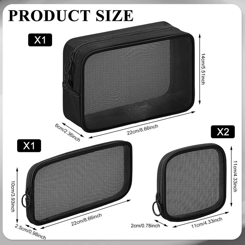 M'AYCREATE MAYCREATE® Makeup Organizer Bag 4pcs Set, Mesh Toiletry Makeup Pouch Bag Combo, 4 Sizes Zipper Cosmetic Pouch Bags Cash Pouches Accessories Organizer - Black - Image 2