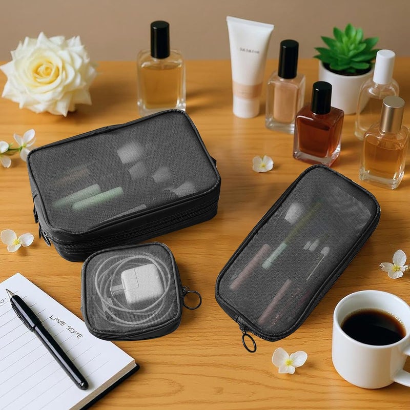 M'AYCREATE MAYCREATE® Makeup Organizer Bag 4pcs Set, Mesh Toiletry Makeup Pouch Bag Combo, 4 Sizes Zipper Cosmetic Pouch Bags Cash Pouches Accessories Organizer - Black - Image 5