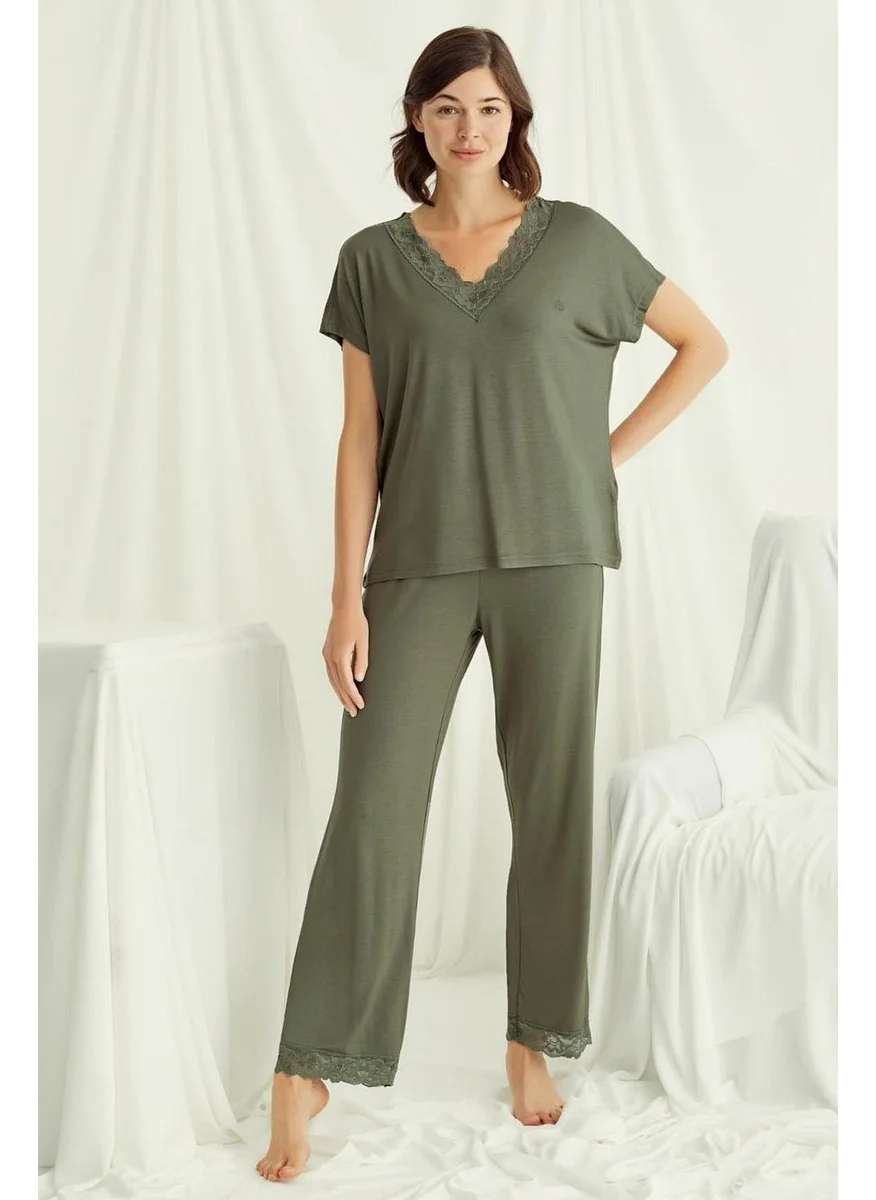 Monamise 18488 Women's V-Neck Short Sleeve Pajama Set-Khaki