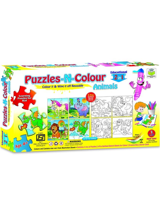 Negi Educational Animals Puzzle-N-Colour 2 in 1,Reusable Fun Activity for Kids,Colour It and Wipe It Off! (Animals) - Image 2
