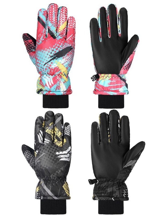Satinior 2 Pairs Kids Waterproof Winter Snow Gloves Ski Gloves for Boy Girl Outdoor Warm Thickening Snowboard(Black Gold, Red Gold,6-13 Years) - Image 1