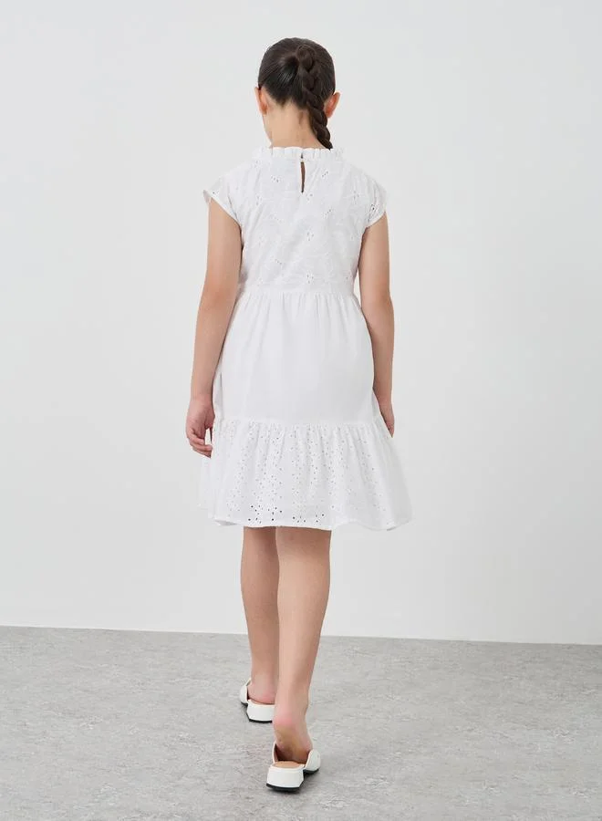 Styli Girls Schiffli Cap Sleeves Dress with Ruffle Trim