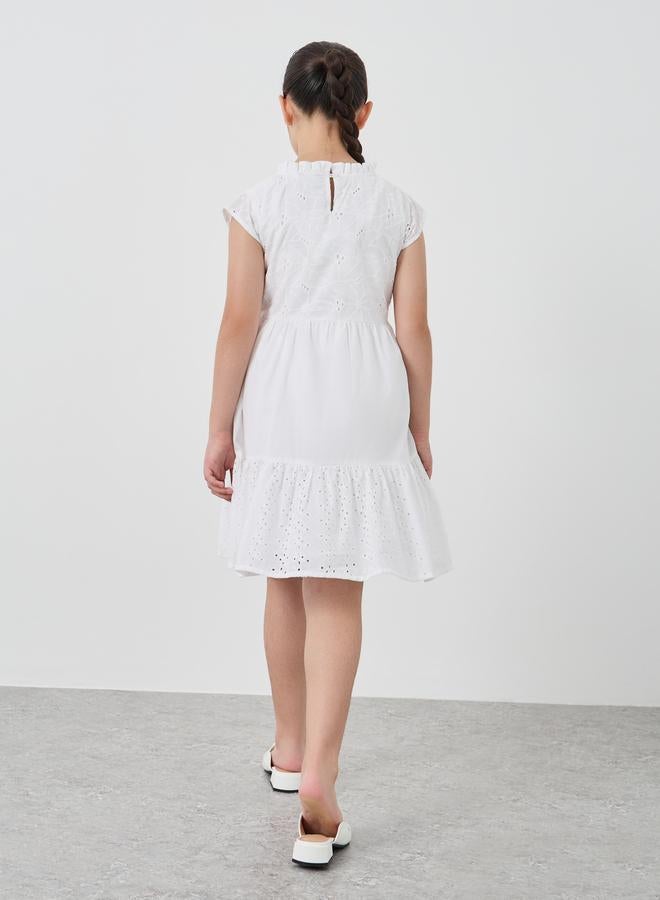 Styli Girls Schiffli Cap Sleeves Dress with Ruffle Trim - Image 4