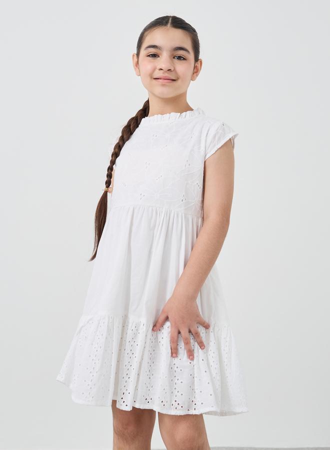 Styli Girls Schiffli Cap Sleeves Dress with Ruffle Trim - Image 2