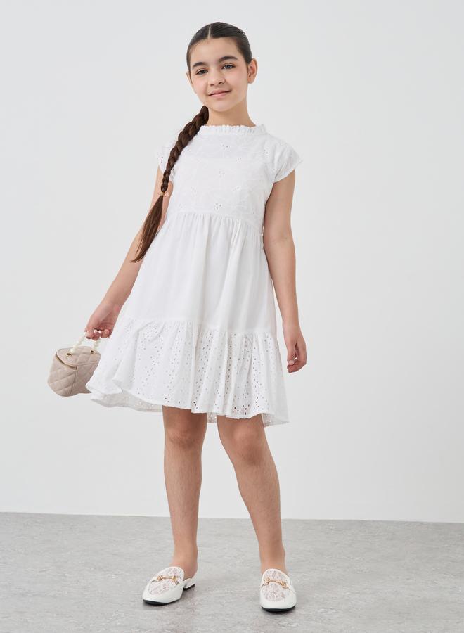 Styli Girls Schiffli Cap Sleeves Dress with Ruffle Trim - Image 1