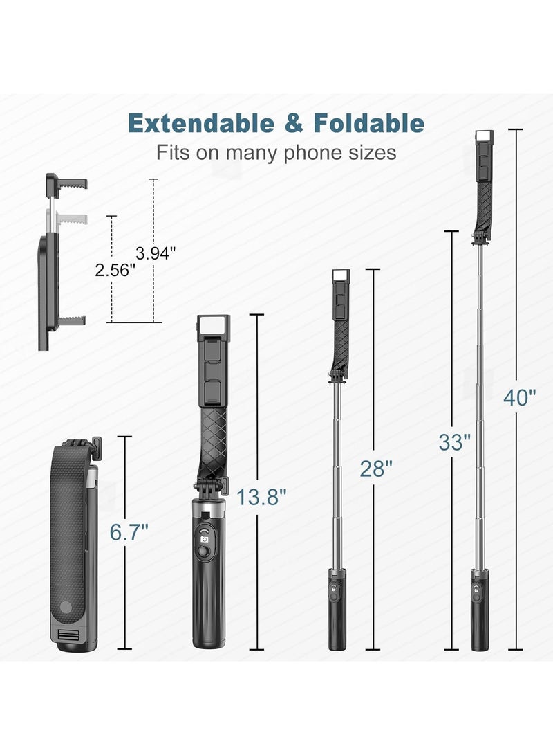 40-inch Selfie Stick Tripod with LED Fill Light, Expandable Travel Essentials Phone Tripod, Upgraded Phone Quadrupod with Wireless Remote Control - Image 4