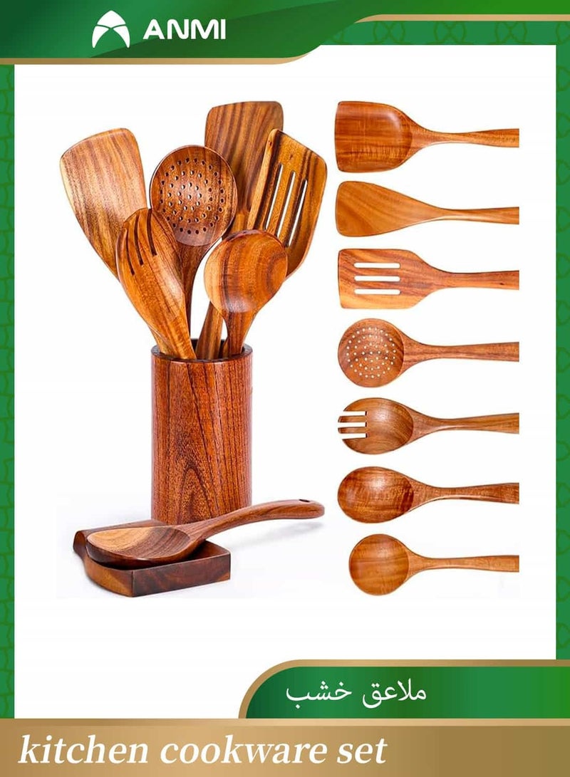 Anmi 9 Pcs Wooden Spoons for Cooking, Kitchen Cookware Set  Includes Spoon Rest and Comfort Grip Cooking Spoons  - Image 1