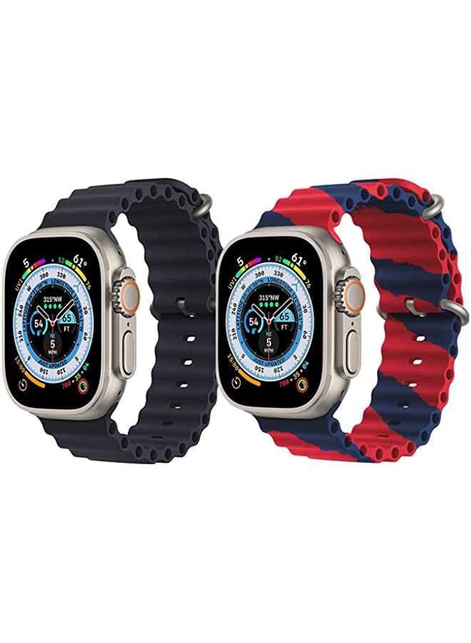 IAF Silicone Ocean Band Strap for Apple Watch Ultra 8 49mm Black Single Color Strap with Red/Blue Double Line Strap Set of 2