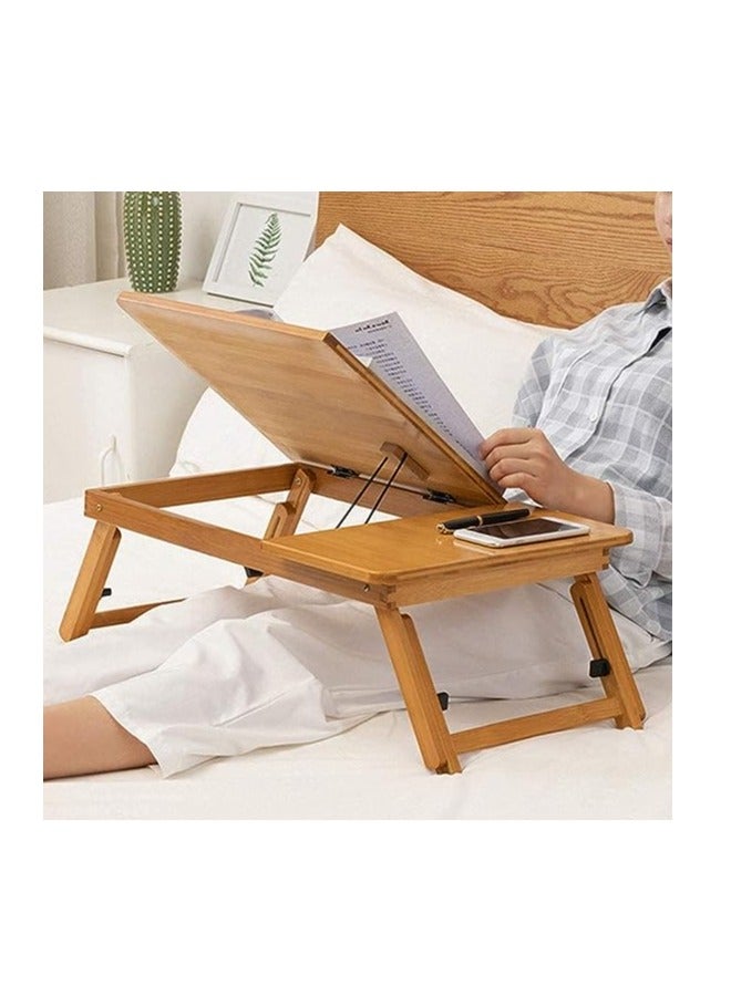 HOME TASTE Foldable Bamboo Laptop Table with Side Drawer Adjustable Portable Breakfast Serving Tray with Folding Legs - Image 3