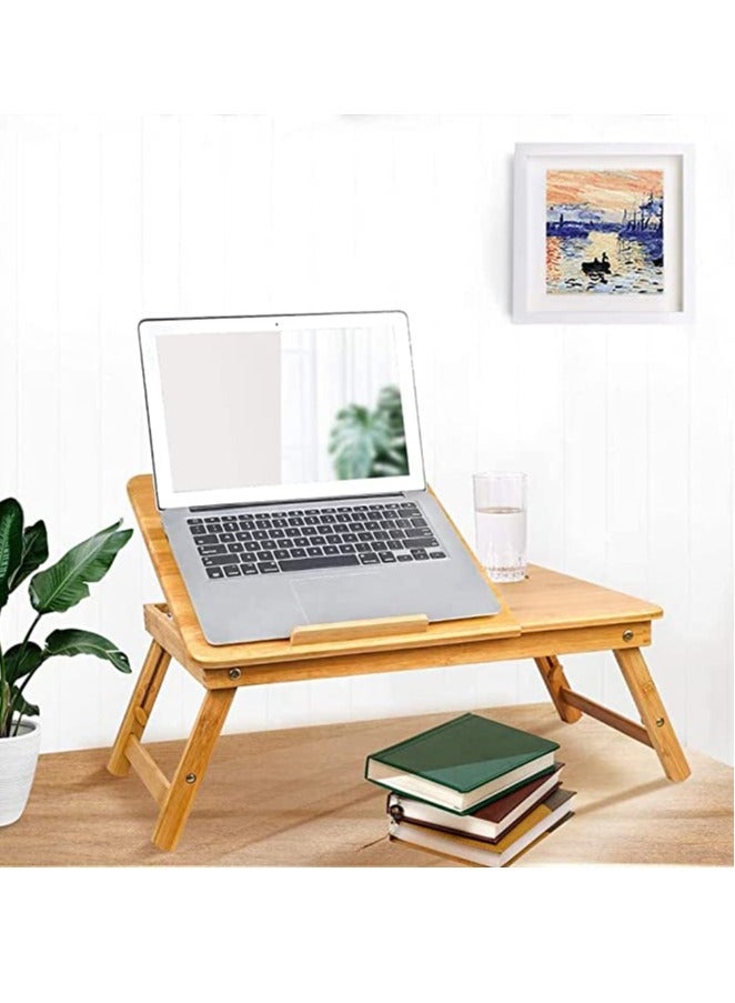 HOME TASTE Foldable Bamboo Laptop Table with Side Drawer Adjustable Portable Breakfast Serving Tray with Folding Legs - Image 4